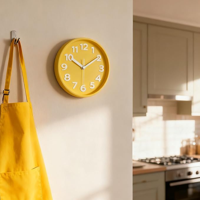 JENLYSTIME 8 Inch Vibrant Yellow Modern Wall Clock – Silent Non-Ticking, Bold 3D Numbers, Precise Quartz Movement | Decorative Desk & Wall Clock with Stand for Home, Kitchen, Bedroom, or Office