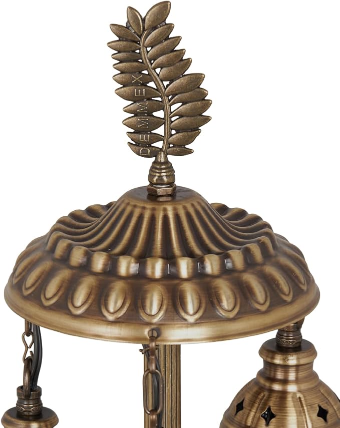 DEMMEX 3-Globe Turkish Moroccan Table Lamp, Tiffany Mosaic Glass Bedside Night Light, Handmade Colorful Mosaic Glass Globes & Antique Brass Finish Base, 21" H, Brown & Amber