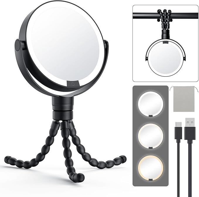 Gospire 5.85” Tripod Travel Makeup Mirror with Light and Magnification | 1X/10X, 4 In 1 Winding Hanging Handheld Tabletop, 3 Light Colors, Adjustable Brightness – Black