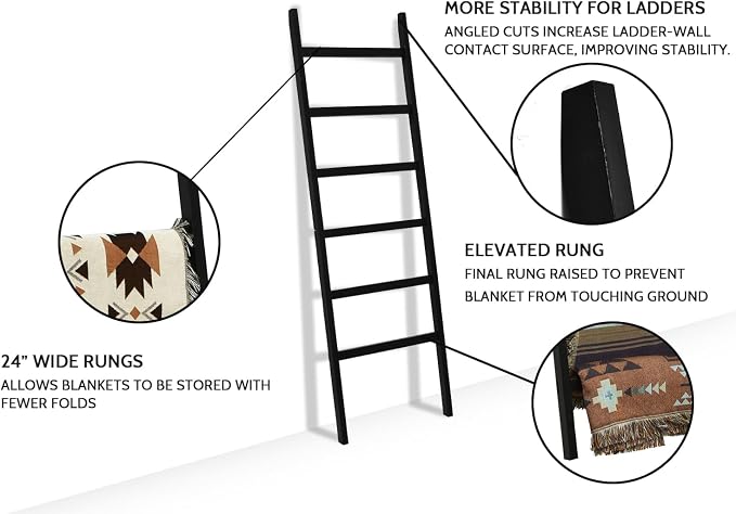 FUIN Blanket Ladder, 24in Wide Rustic Solid Wood Decor Rack, Black | 6.4 ft high and 6 rungs, farmhouse quilt display holder, organize towel and scarf, leaning wall, bathroom and living room use