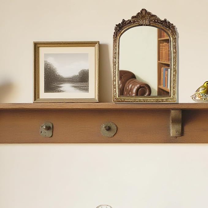 Small Decorative Arched Mirror, Vintage Gold Resin Frame, 6.8 x 10 inches, Wall or Tabletop (Vintage Gold, 6.8 X 10 inches)