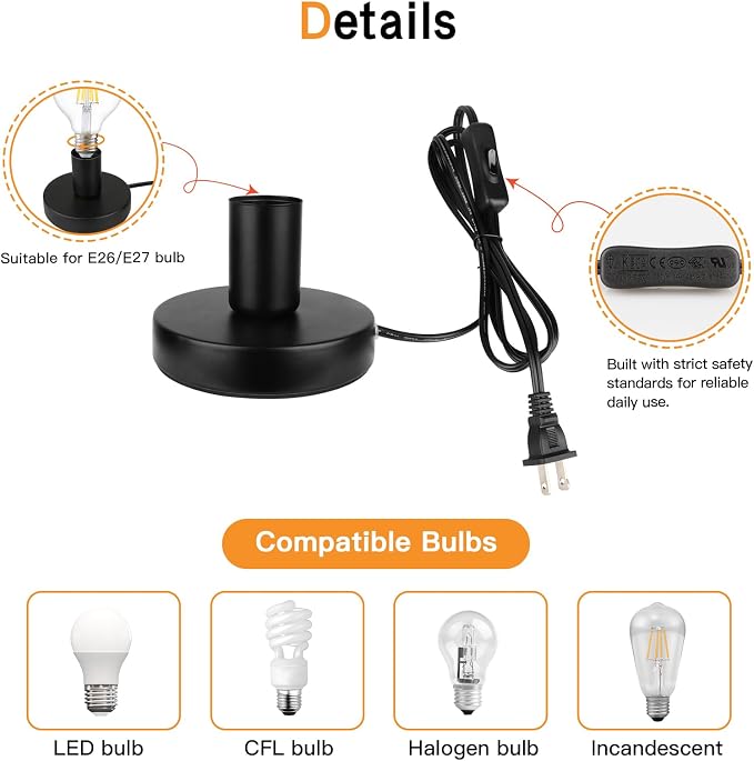 Helunsi Industrial Table Lamp Base, Black E26 E27 Lamp Base Without Shade