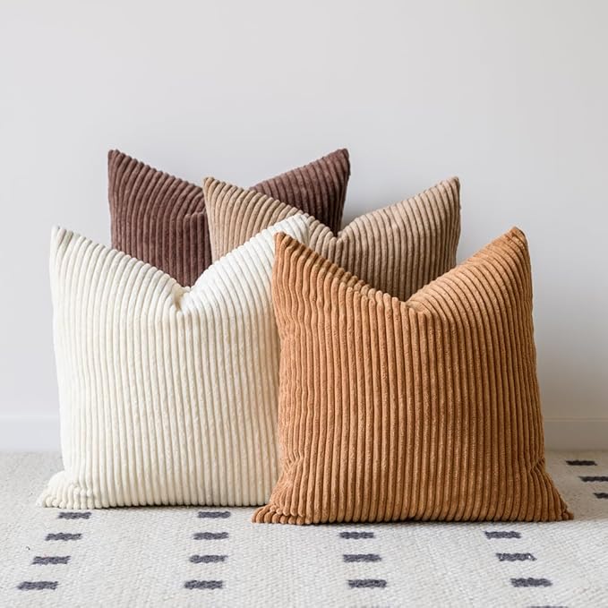 LANANAS Decorative Corduroy Throw Pillow Covers 20x20 Inch Neutral Brown | Set of 4 Neutral Couch Farmhouse Boho Throw Pillows for Living Room, Couch, Bed, Sofa Soft Accent Home Decor