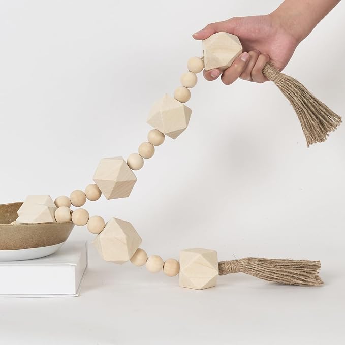 Extra Large Wood Bead Garland with 2" Diameter Wooden Beads, 42" Long Rustic Farmhouse Wooden Beads Garland with Tassels, Decorative Beads Boho Decorations for Home Table Mantle Natural Beige