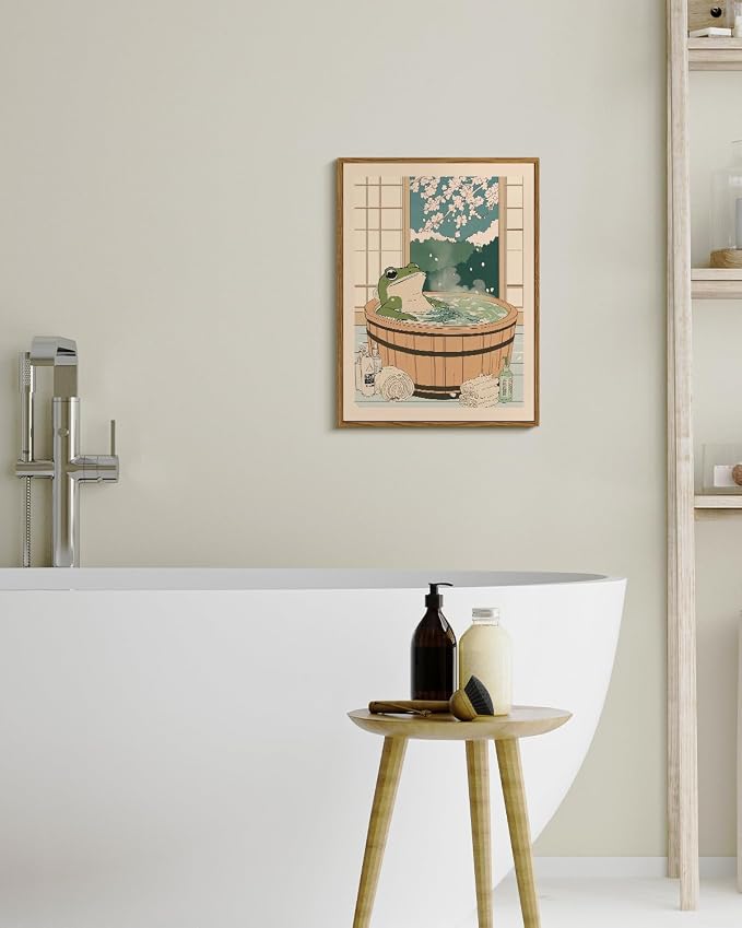 Serene Frog in Wooden Tub with Cherry Blossom Window View Painting, Kawaii 12x16 Inch Framed Canvas Print, Cute Relaxing Bathroom Home Decor, Bath Time with Japanese Spa Artwork