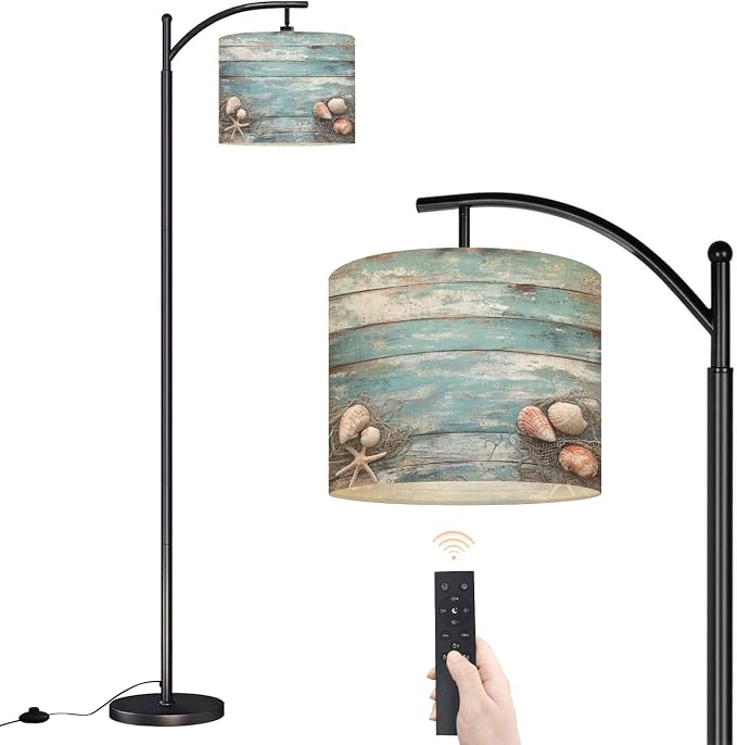 Arc Floor Lamp Starfish Shell Teal Beach Nature Seashells Fishing Net Weathered Wood Dimmable Modern Standing Lamp with Remote Adjustable Drum Shade Footswitch Tall Pole Lamp for Living Room Bedroom