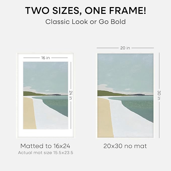Homeforia 20x30 White Oak Picture Frame, High-End Wood, 16x24 Mat, Glass