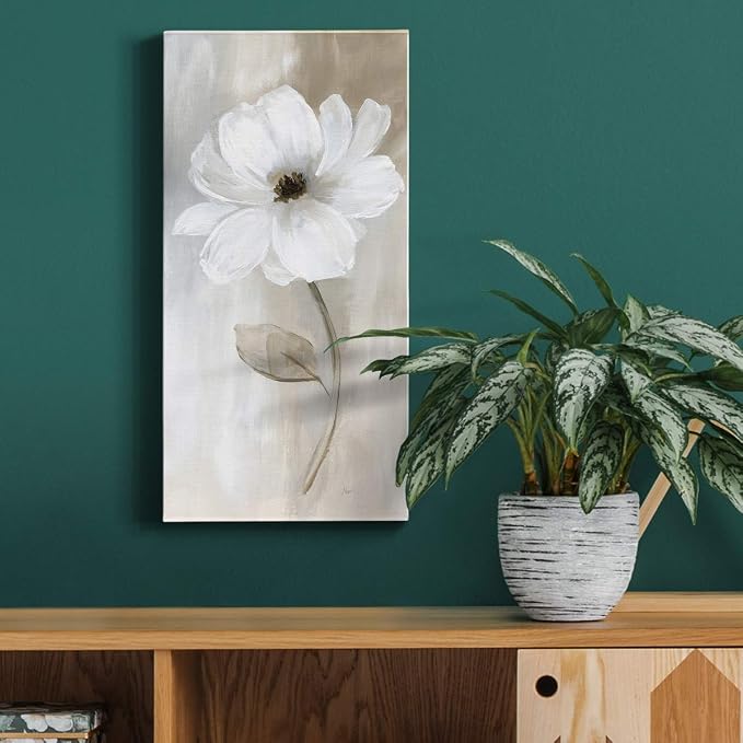 Renditions Gallery Canvas Floral Wall Art Modern Decorations Paintings Elegant White Rose Romantic Botanical Canvas Glam Wall Hanging Artwork for Bedroom Office Kitchen - 8"x16" LT43