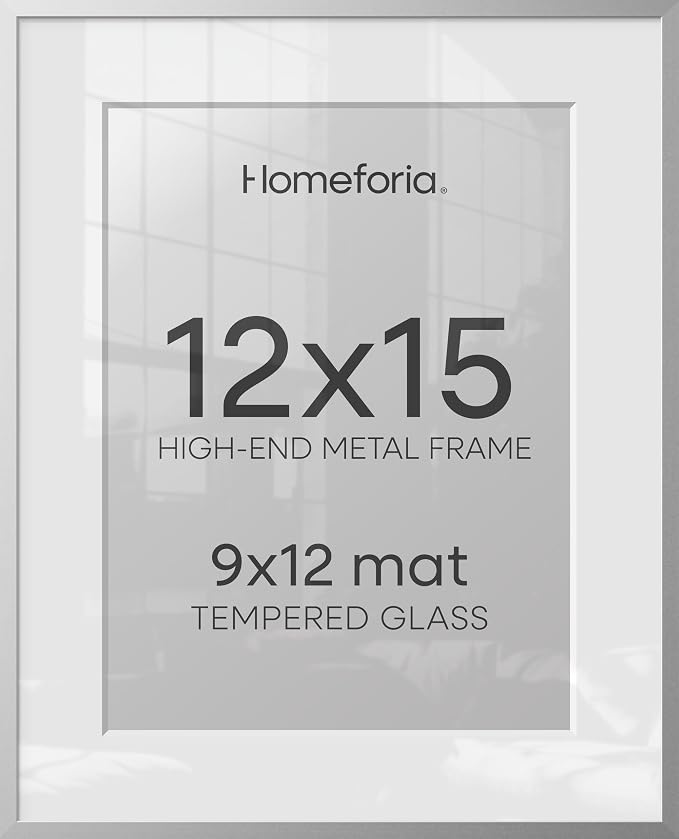 Homeforia 12x15 Silver Picture Frame, High-End Metal, 9x12 Mat, Glass