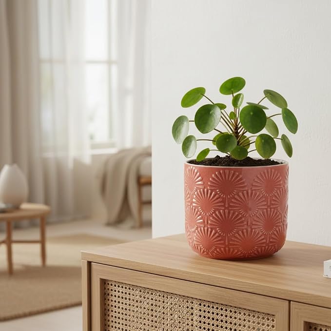 Boho Ceramic Flower Pot, 6.7" Modern Planter for Indoor Outdoor Plants | Decorative Glazed Embossed Fanburst Texture Plant Pot with Drainage Hole & Plug, Bohemian Chic Home Garden Decor, Coral Blush