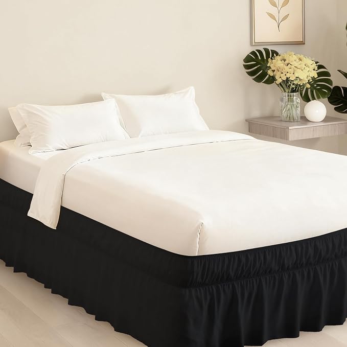 Queen Bed Skirt with Elastic Strap, Ruffle Bed Skirting Queen Size 16" Drop | Wrap Around Skirts Easy to Install on Bed Base & Frame, Wrinkle-free, Machine Washable, Scalloped Edge, Black