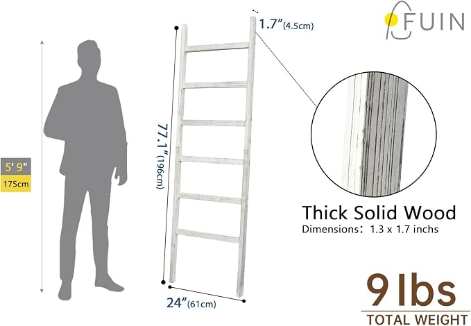 FUIN Blanket Ladder, 24in Wide Rustic Solid Wood Decor Rack, White | 6.4 ft high and 6 rungs, farmhouse quilt display holder, organize towel and scarf, leaning wall, bathroom and living room use