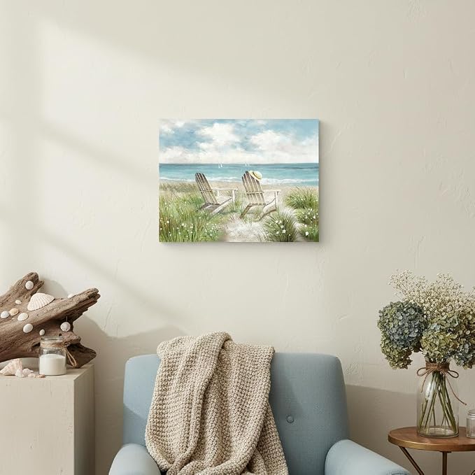arttitue Seascape Wall Art Canvas Picture: Beach Chair Seascape Print Decor Ocean Coastal Scene Painting Seaside Sea Wave Grass Artwork for Bathroom Living Room