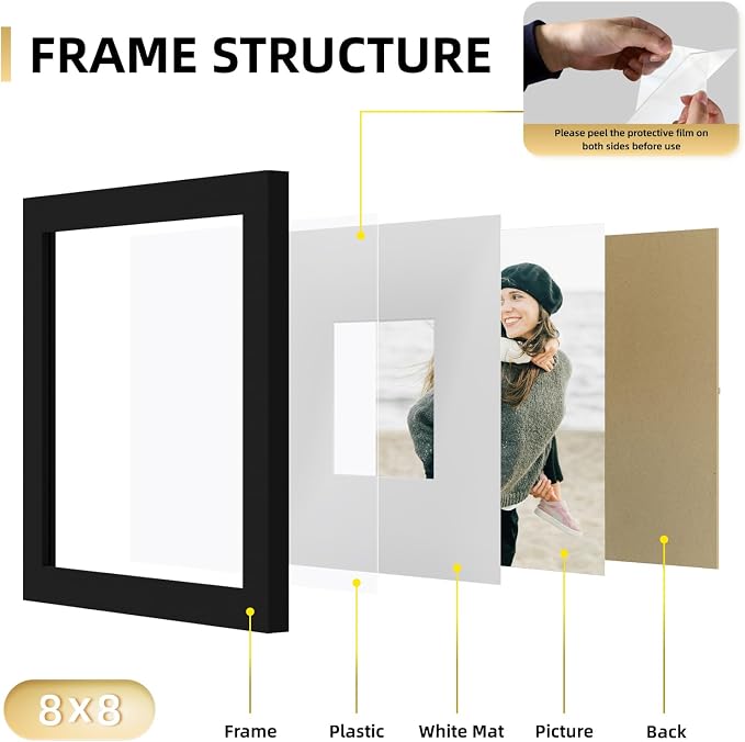 YESKAY 8x8 Picture Frame Set of 9, Photo Gallery Wall Frame Set, Display Pictures 4x4 with Mat or 8 x 8 Without Mat, Square Frame Picture Frames Collage Wall Decor, Black