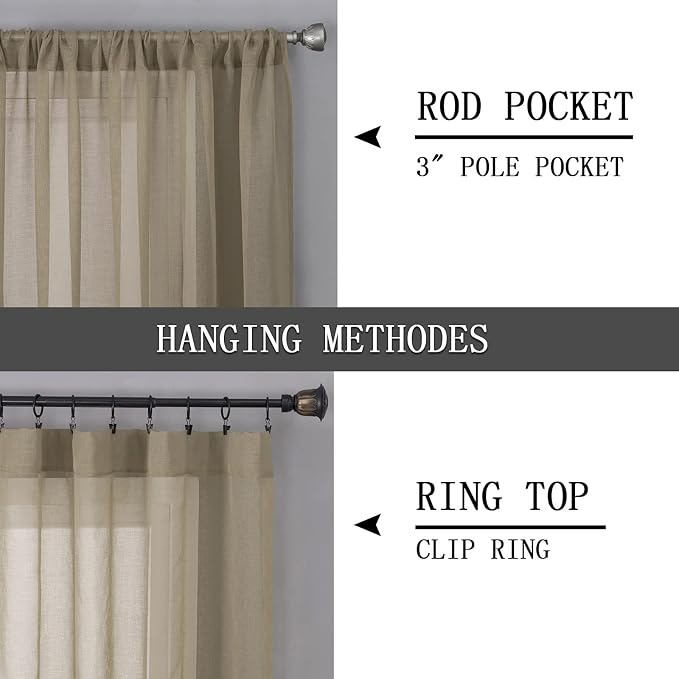 Tollpiz Sheer Tier Curtain Linen Textured Half Kitchen Curtains Sheer Light Filtering Rod Pocket Voile Small Curtains for Bathroom, 25 x 36 inches Long, Taos Taupe, Set of 2 Panels