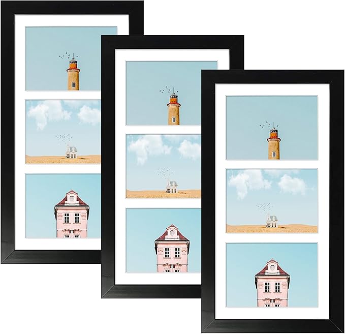 Golden State Art Collage Frame 7x14 Matted 3 4x6 Photos Wood Black, 3 Pack