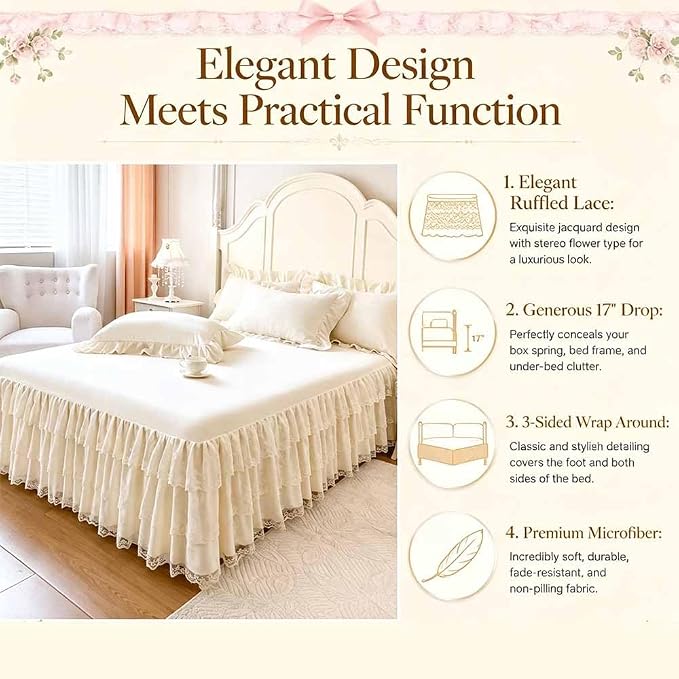 Lace Bed Sheet for Queen/King Bed - 17in. Drop, Easy Fit Ruffle Bedskirt Wrap Around Bed Skirt, Anti Wrinkle & Fade Resistant