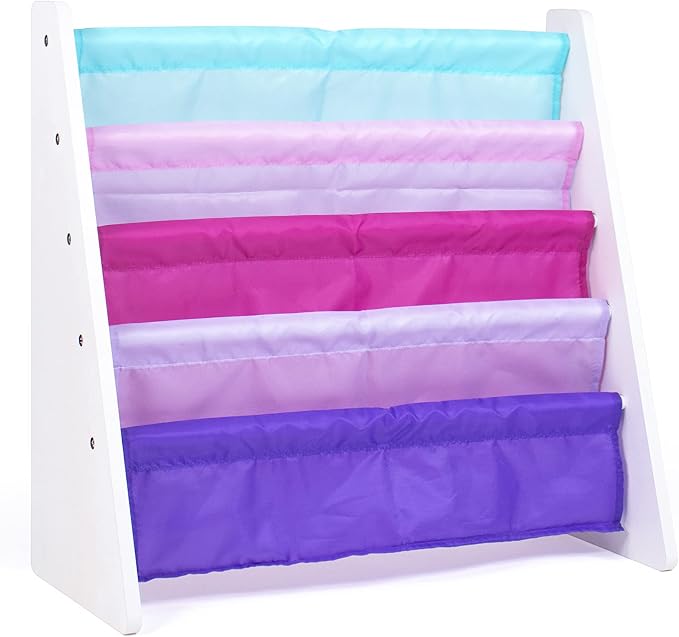 Humble Crew Kids Bookshelf, Montessori Front Facing Toddler Bookcase 4 Tier | Book display rack and reading nook organizer, nylon pockets show covers face out, compact for any playroom or bedroom space