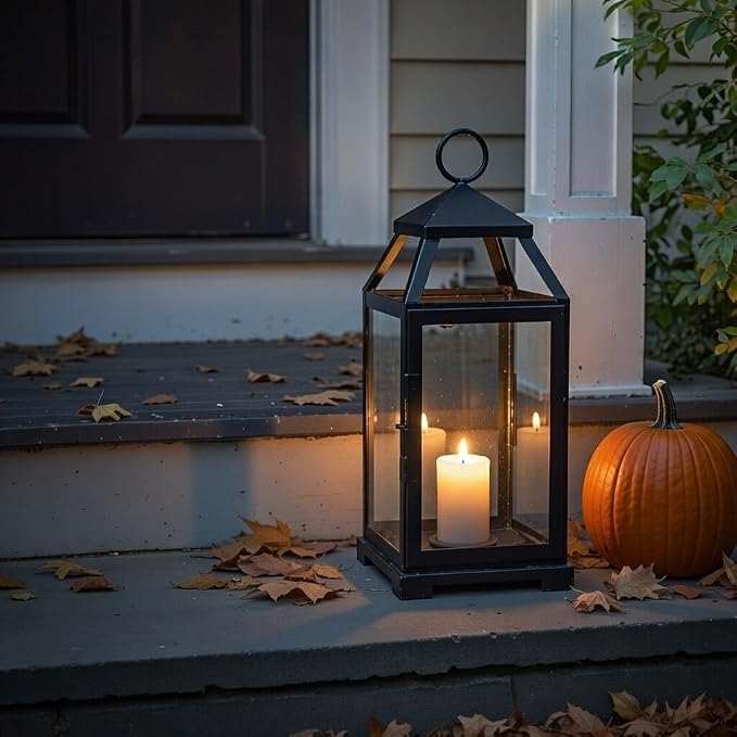Hosley 14 Inch High Large Clear Glass Iron Classic Style Lantern Elegant Candle Holder for Home Decor Vintage-Inspired Centerpiece with Stylish Iron Frame Indoor/Outdoor Lighting Accent Timeless