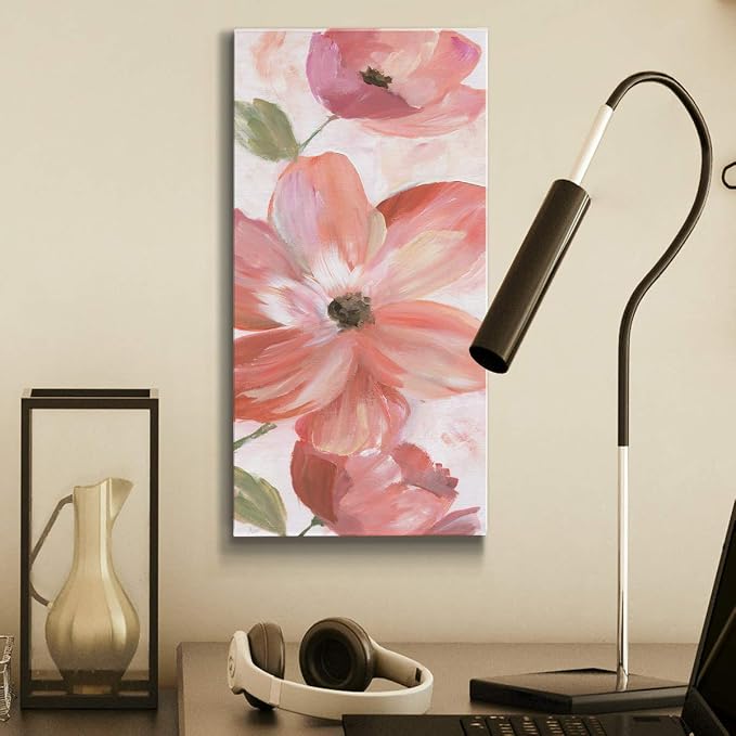 Renditions Gallery Canvas Floral Wall Art Home Paintings & Prints Pink Blooming Flowers Glam Modern Botanical Vibrant Decorations Artwork for Bedroom Office Kitchen - 8"x16" LT43