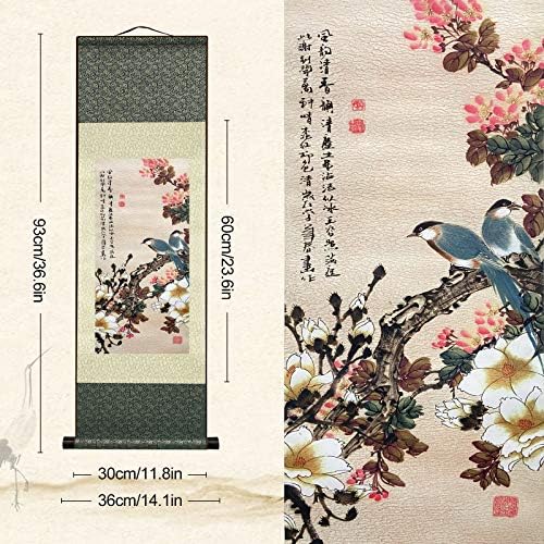 AtfArt Asian Wall Decor Beautiful Silk Scroll Painting Flowers and Birds Oriental Decor Chinese Art Wall Scroll Wall Hanging Painting Scroll (36.2 x 12 in)