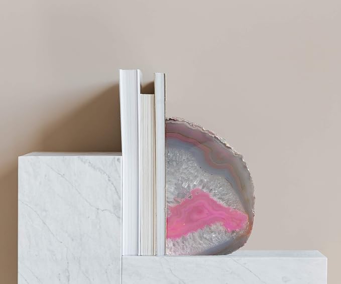 Pink Agate Bookends Heavy Duty Geode Stone Book End Holders Decorative | Polished Stone Book Stoppers Supports Home Office Decor with Rubber Bumpers Dyed Pink 1 Pair, 3-4 LBS