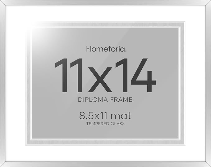 Homeforia 11x14 Silver Diploma Frame, High-End Metal, 8.5x11 Mat, Glass