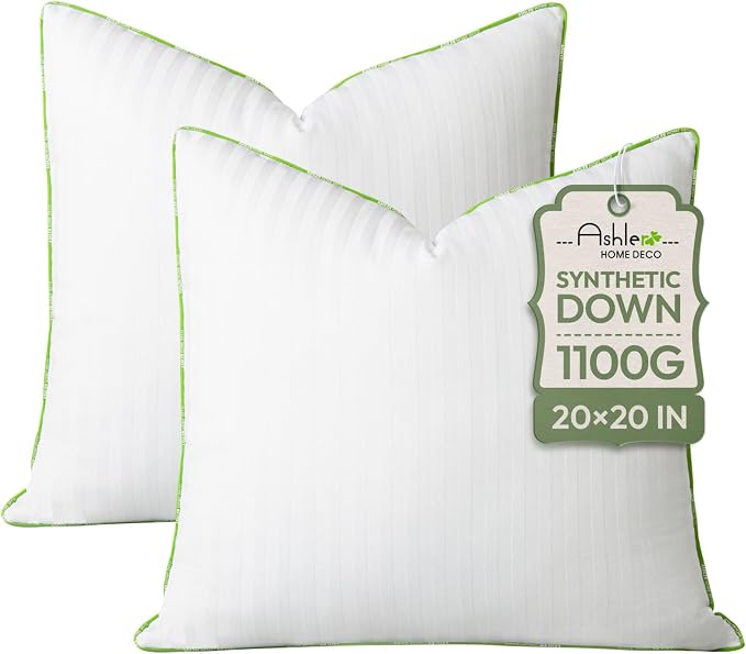 Ashler Synthetic Down Pillow Inserts, 20x20, Set of 2 | Down Alternative, 100% Cotton Cover, Decorative Pillow for Couch, Fluffy Cushion Sham Stuffer, Hypoallergenic