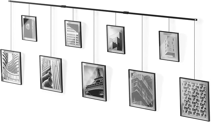 Umbra Exhibit Gallery Picture Frames, Adjustable Wall, Set of 9, Black | Steel, movable hanging rods, holds 8x10 and 5x7 sizes, minimal screw holes, mounting hardware included