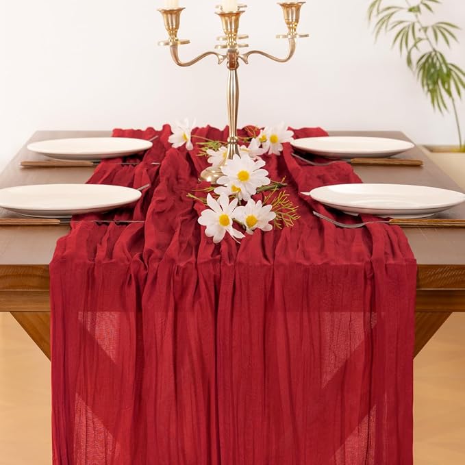 Cheesecloth Table Runner Fall Boho Wedding Birthday Party Home Decor | Red 3pcs Rustic Gauze 10FT Cheese Cloth Sheer Farmhouse Dining Runner for Baby Shower Bridal Holiday Decorations