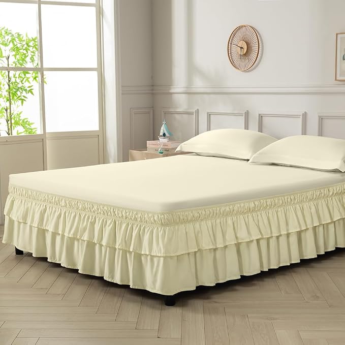 Double-Layered Ruffled Bed Skirt,Beige,Twin/Twin XL, 14" Drop | Wrap Around, Adjustable Elastic, 2 Layer, Machine Washable Soft Fabric, Multi Ruffle Bedskirt