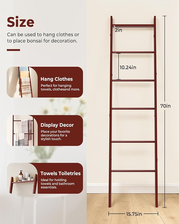 6-Tier Blanket Ladder Wooden, Blanket Quilt Towel Holder Rack Ladder, Brown | Wall Leaning Solid Wood Quilt Rack, Scratch & Slip Resistant, Living Room Bedroom Bathroom, Quick Setup, Brown