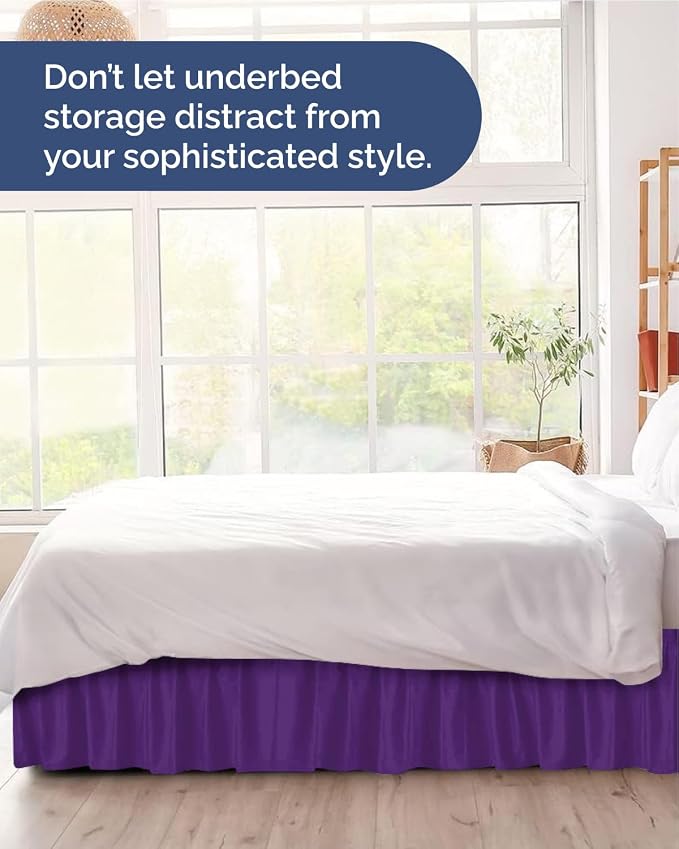 Wrap Around Dust Ruffle Bed Skirt, Queen Size Beds - 18 Inch Drop, Purple | Easy Fit Elastic Strap, Adjustable Pleated Bedskirt w/Brushed Fabric, Wrinkle & Fade Free, for Women, Men, Kids & Teens