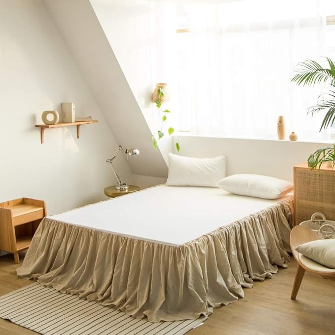 BISELINA French Linen Bed Skirt with Pleated Frills 22-Inch Tailored Drop Natural Flax Cotton Blend Dust Ruffle Soft Cozy Farmhouse Bedding (22" Full, Linen)