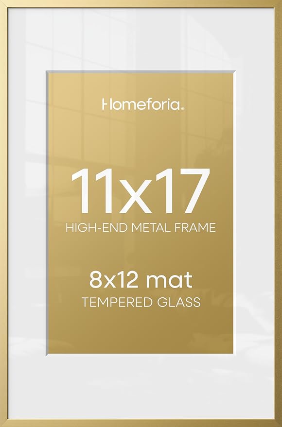 Homeforia 11x17 Gold Picture Frame, High-End Metal, 8x12 Mat, Glass