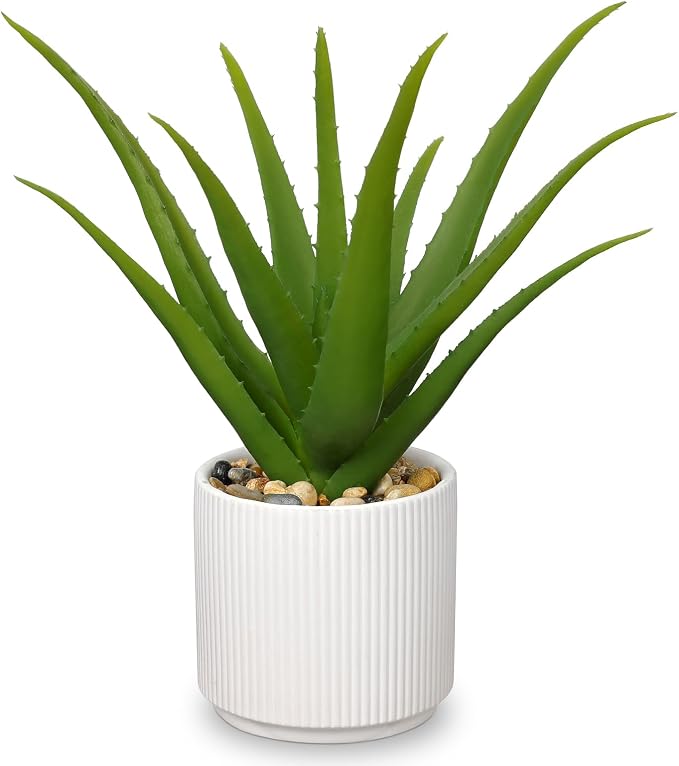 GnFlus Artificial Succulent Aloe Plants 12 Inch Faux Succulents with Ceramic Pot Fake Aloe Potted Plant for Home Indoor Bathroom Table Bedroom Shelf Office Decor