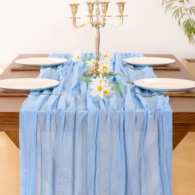 Blue Cheesecloth Table Runner Fall Boho Wedding Birthday Party Home Decor | Blue 3pcs Rustic Gauze 10FT Cheese Cloth Sheer Farmhouse Dining Runner for Baby Shower Bridal Holiday Decorations