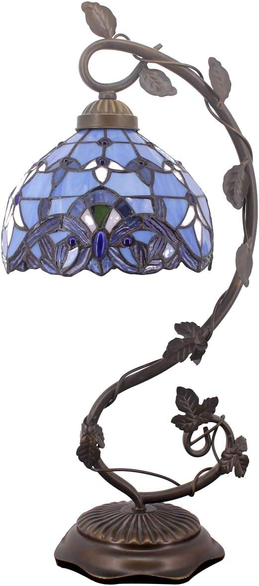 WERFACTORY Tiffany Table Lamp Blue Purple Stained Glass Baroque Style Reading Desk Light, Metal Leaf Base 8X10X21 Inches Decor Small Space Bedside Bedroom Home Office S003C Series