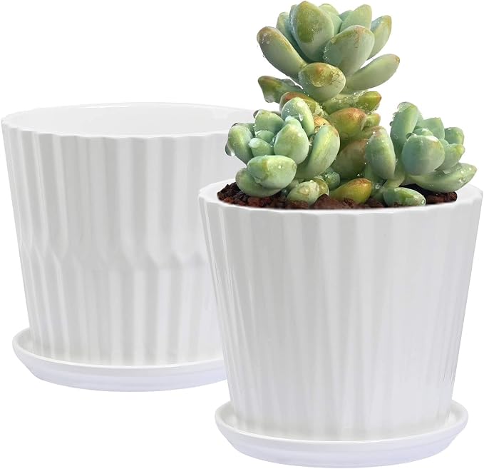 sietpoek 6.7” Ceramic Plant Pots with Drainage and Saucer 2PCs White | White Ceramic Flower Pots with Drainage Hole and Saucer, Decorative Planter for Indoor Outdoor Garden Plants Succulen