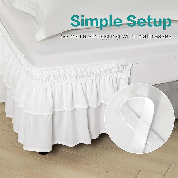 Double-Layered Ruffled Bed Skirt,White,King/Cal King, 14" Drop | Wrap Around, Adjustable Elastic, 2 Layer, Machine Washable Soft Fabric, Multi Ruffle Bedskirt
