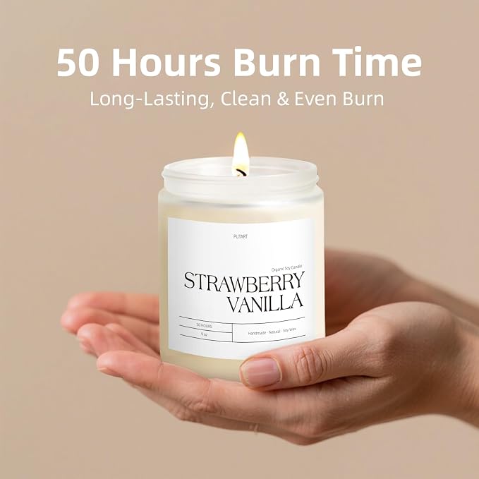 Strawberry Vanilla Highly Scented Candle for Home, 9oz Non Toxic | Natural Soy Wax Aromatherapy Candles with Essential Oil, Home Fragrance Stress Relief & Meditation Jar Candles Gifts