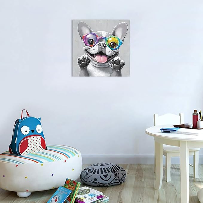 Ypxzzj Cute Dog with Glasses Canvas Wall Art,Funny Bulldog Decor Wall Art Pictures Painting Posters Artworks for Children's room Bedroom Living room Decor Framed Ready to Hang