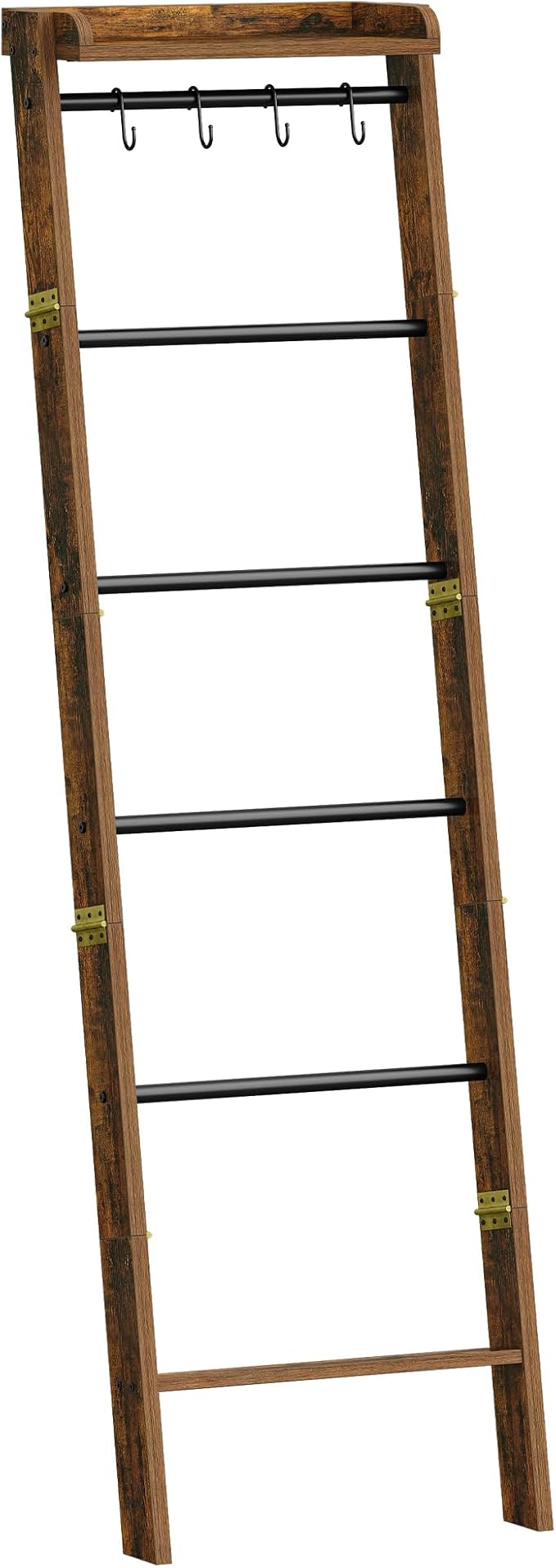 Hzuaneri Blanket Ladder Shelf, Farmhouse Ladder Holder, Blanket Organizer | 7-Tier Decorative Quilt Rack with 4 Removable Hooks 7.9" D x 17.3" W x 66.9" H, Rustic Brown BR36801B