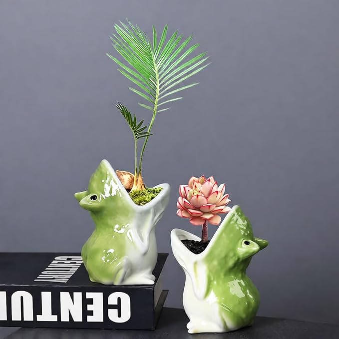 Gemseek Cute Green Ceramic Frog Succulent Planter Pot with Drainage Tray