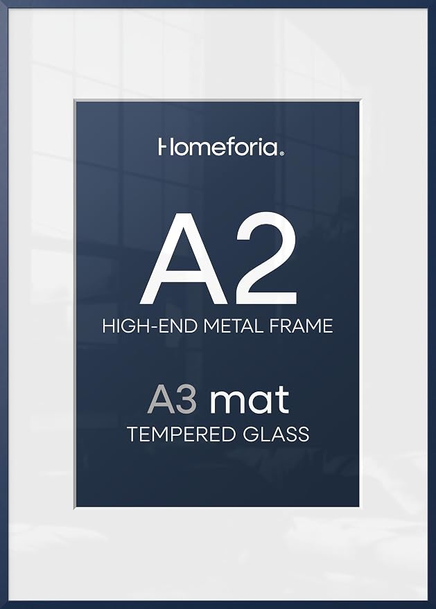 Homeforia A2 Blue Picture Frame, High-End Metal, A3 Mat, Glass