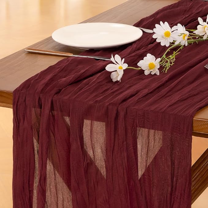 Cheesecloth Table Runner Fall Boho Wedding Birthday Party Home Decor | Burgundy 10pcs Rustic Gauze 10FT Cheese Cloth Sheer Farmhouse Dining Runner for Baby Shower Bridal Holiday Decorations