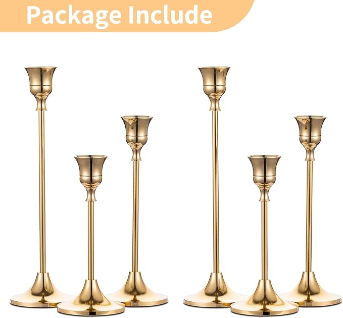 NUPTIO Candlestick Holders Vintage Centerpiece: Gold Antique Moody Decor | Set of 6 Solid Aluminum Candle Stick Taper Holders French Country Victorian Decoration for Christmas Dining Table Fireplace