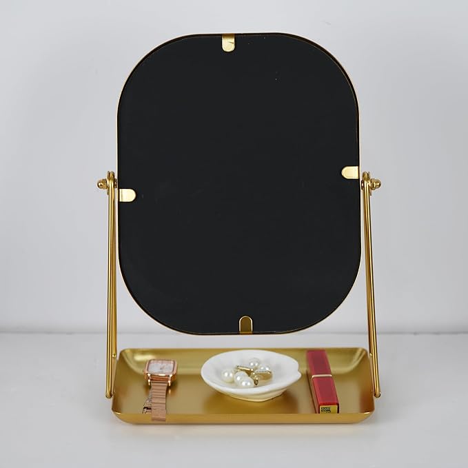 Tstarer 360 Degrees Rotating Metal Makeup Mirror with Storage (Gold) | Vanity Mirror for Desk, Bathroom, Bedroom, Dressing Table