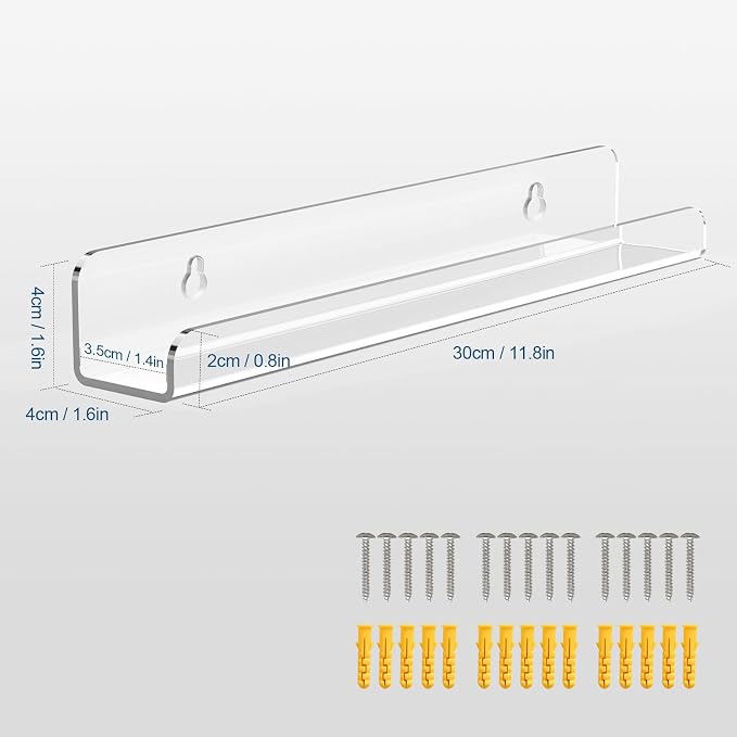Meaocer Vinyl Record Shelf Wall Mount, 6 Pack 12 inch Clear Acrylic Album Record Holder Display, Kids Bookshelf, Floating Wall Shelves for Bathroom, Bedroom, Living Room, Kitchen (Clear-6pcs)