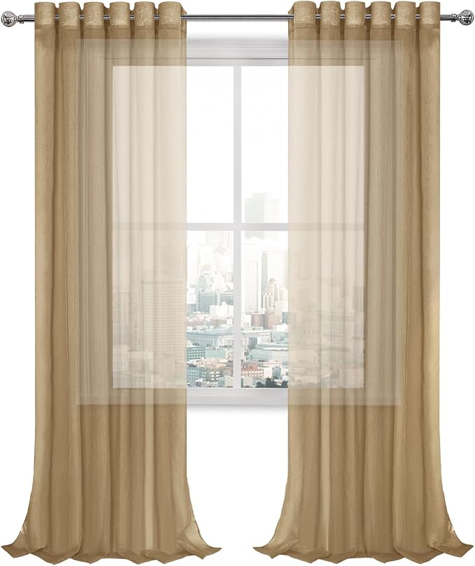 DWCN Semi Sheer Curtains, Grommet Top Window Drapes for Bedroom & Living Room, Faux Linen Look Voile Transparent Solid Curtains Set of 2 Panels 70 x 95 Inches Long, Taupe